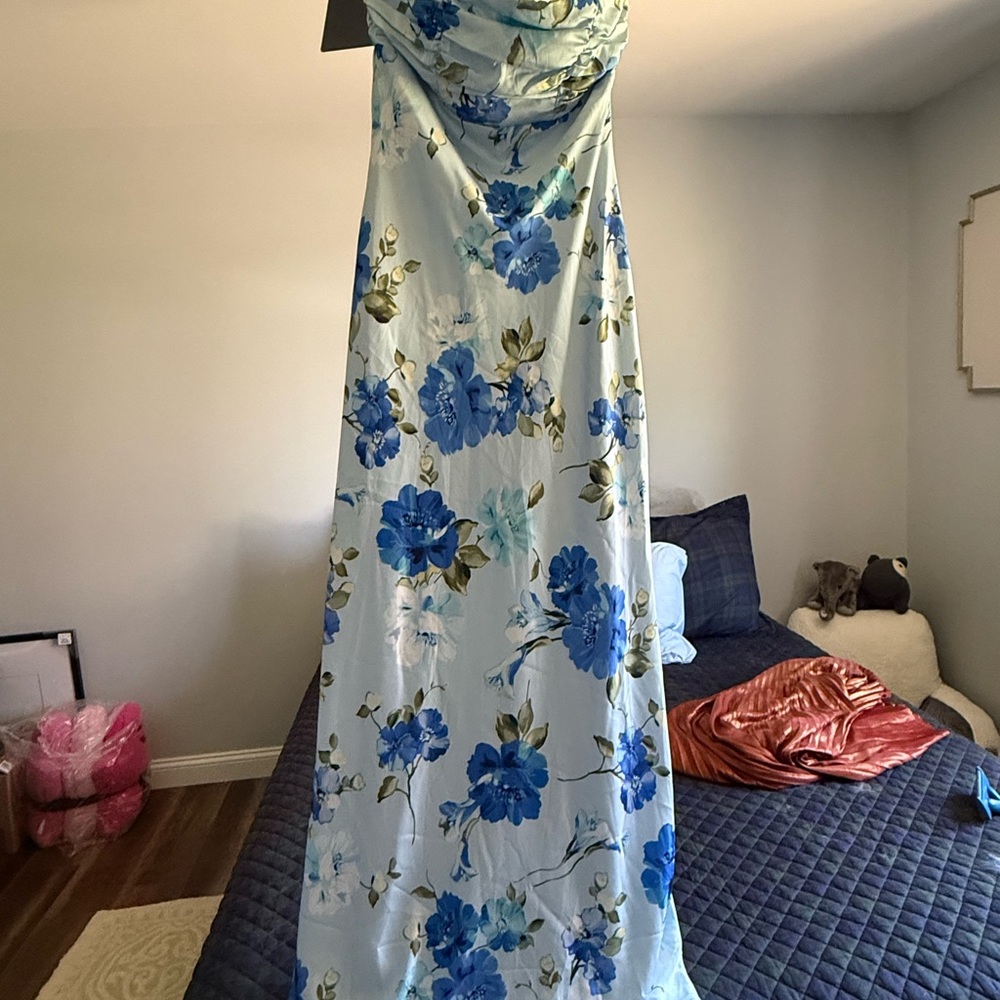 Floral Strapless Dress in Blue and White